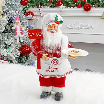 Christmas chef Santa Claus decoration holding cookies with a welcome sign, perfect for festive decor