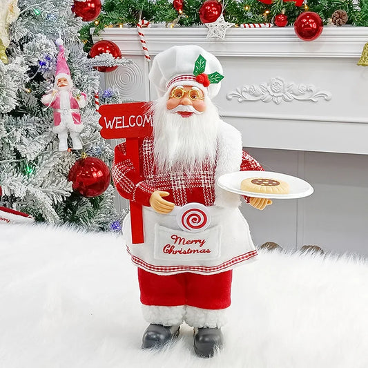 Christmas chef Santa Claus decoration holding cookies with a welcome sign, perfect for festive decor