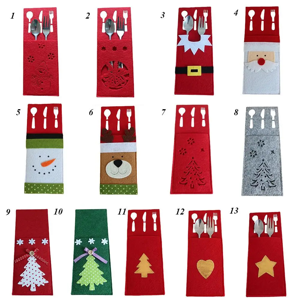 Collection of festive Christmas cutlery holders in various designs for holiday dining decor