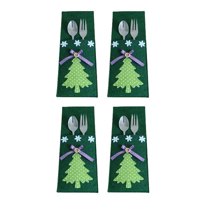 Set of four Christmas cutlery holders with green felt, decorated with trees and ribbons
