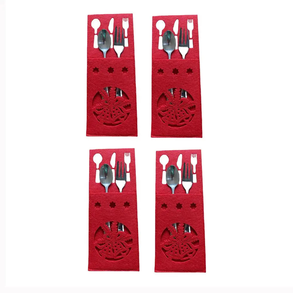 Set of four red Christmas cutlery holders with festive design for holiday dining