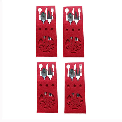 Set of four red Christmas cutlery holders with festive design for holiday dining
