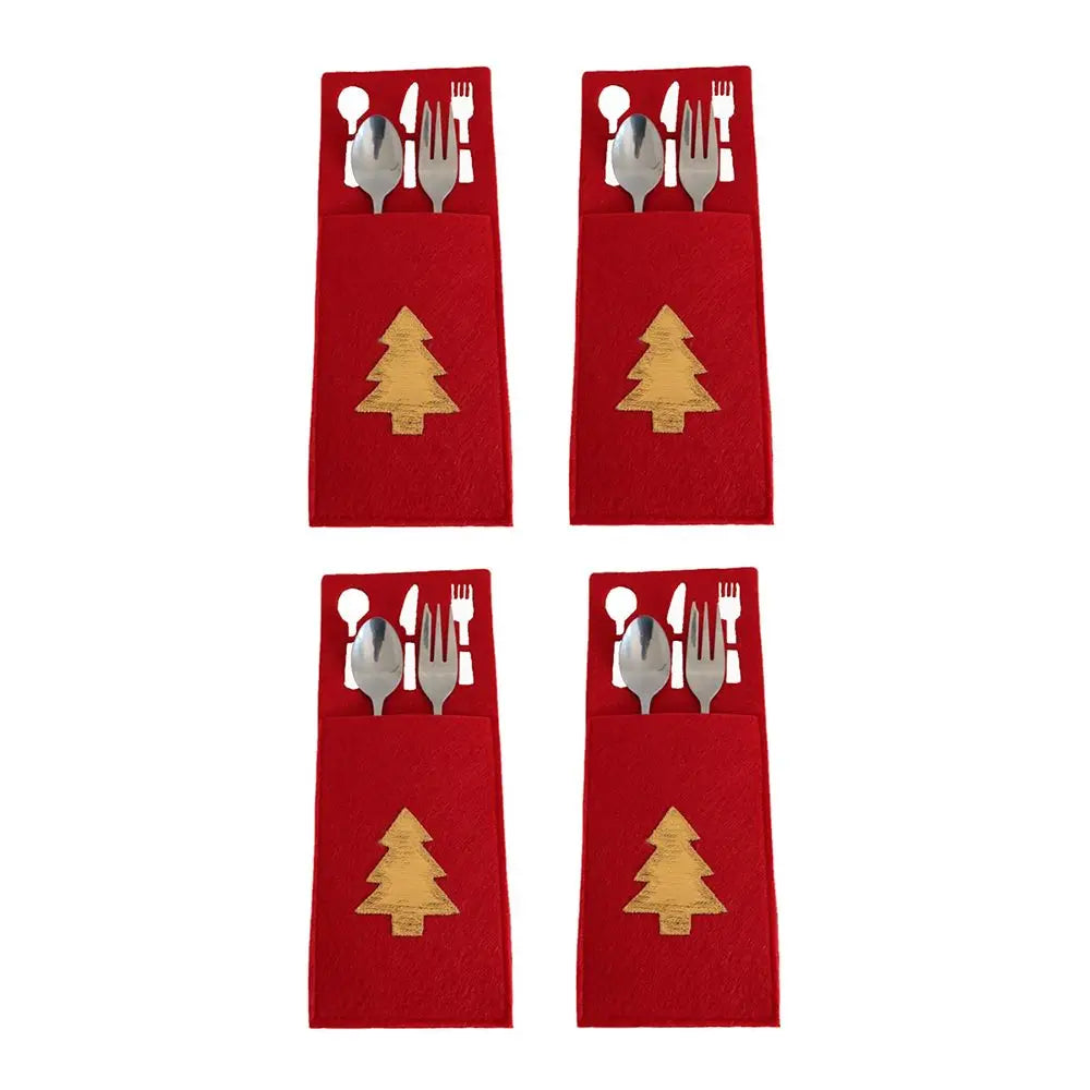 Christmas cutlery holder set in red felt with wooden tree design, perfect for festive dining