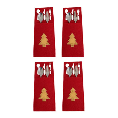 Christmas cutlery holder set in red felt with wooden tree design, perfect for festive dining