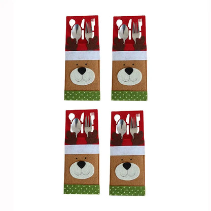 Set of four Christmas cutlery holders featuring a reindeer design with pockets for utensils