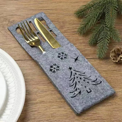 Grey Christmas cutlery holder with tree design, perfect for festive dining and table settings