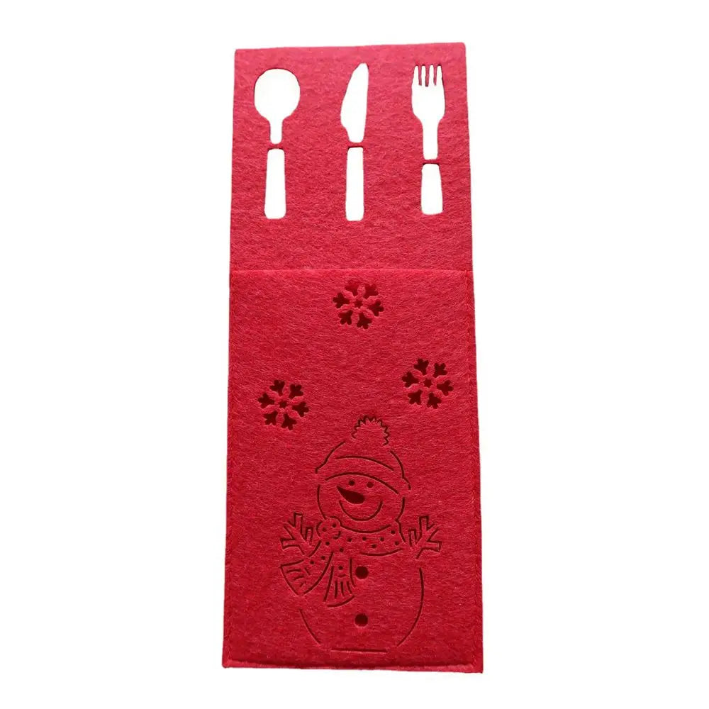 Red Christmas cutlery holder featuring a snowman design and slots for utensils