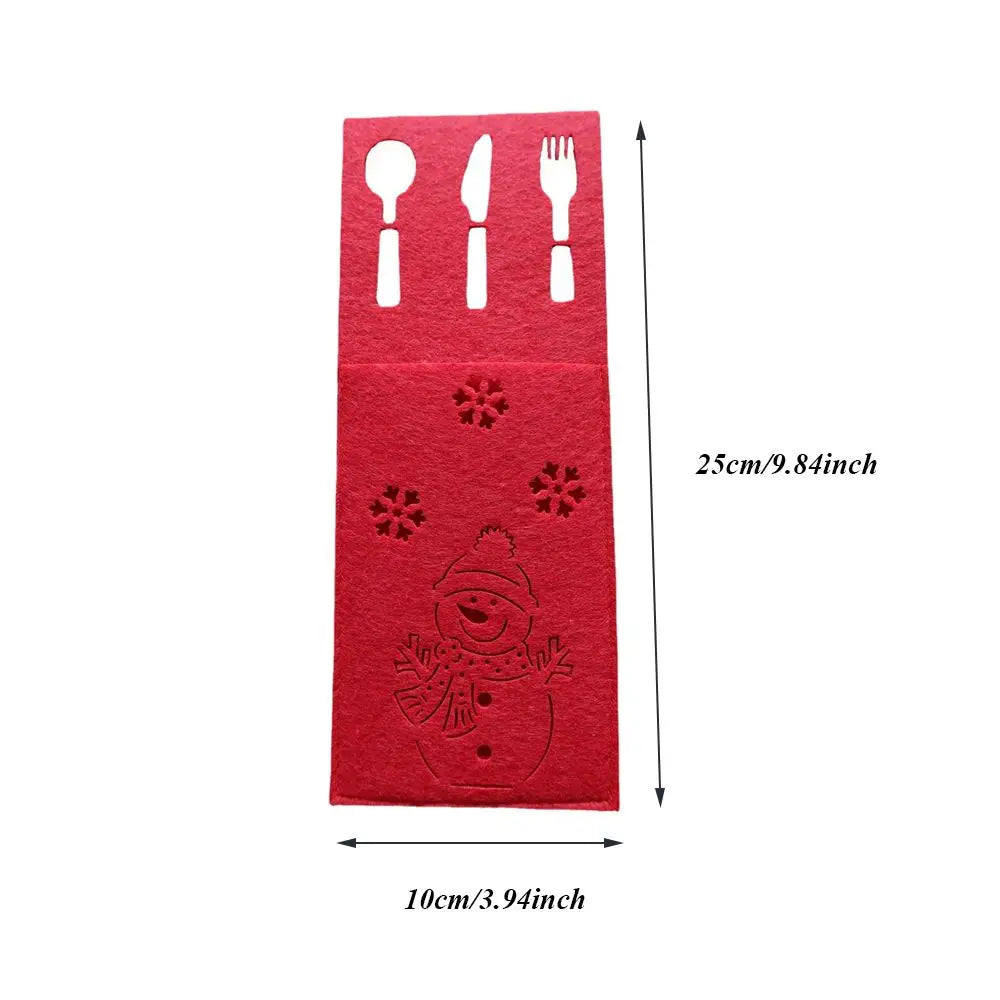 Red Christmas cutlery holder featuring a snowman design and space for utensils