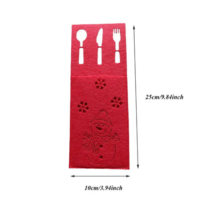Red Christmas cutlery holder featuring a snowman design and space for utensils