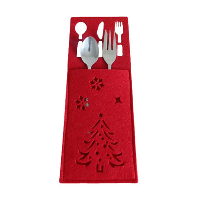 Red Christmas cutlery holder with decorative tree and snowflakes for festive table settings