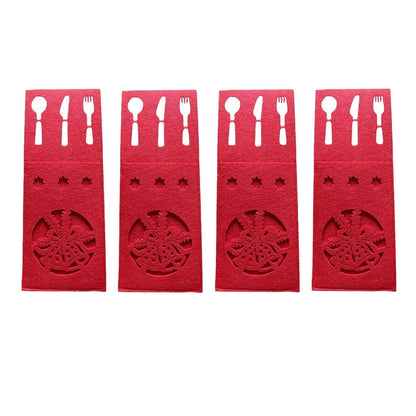 Set of four red Christmas cutlery holder with festive cutout designs for holiday dining decor