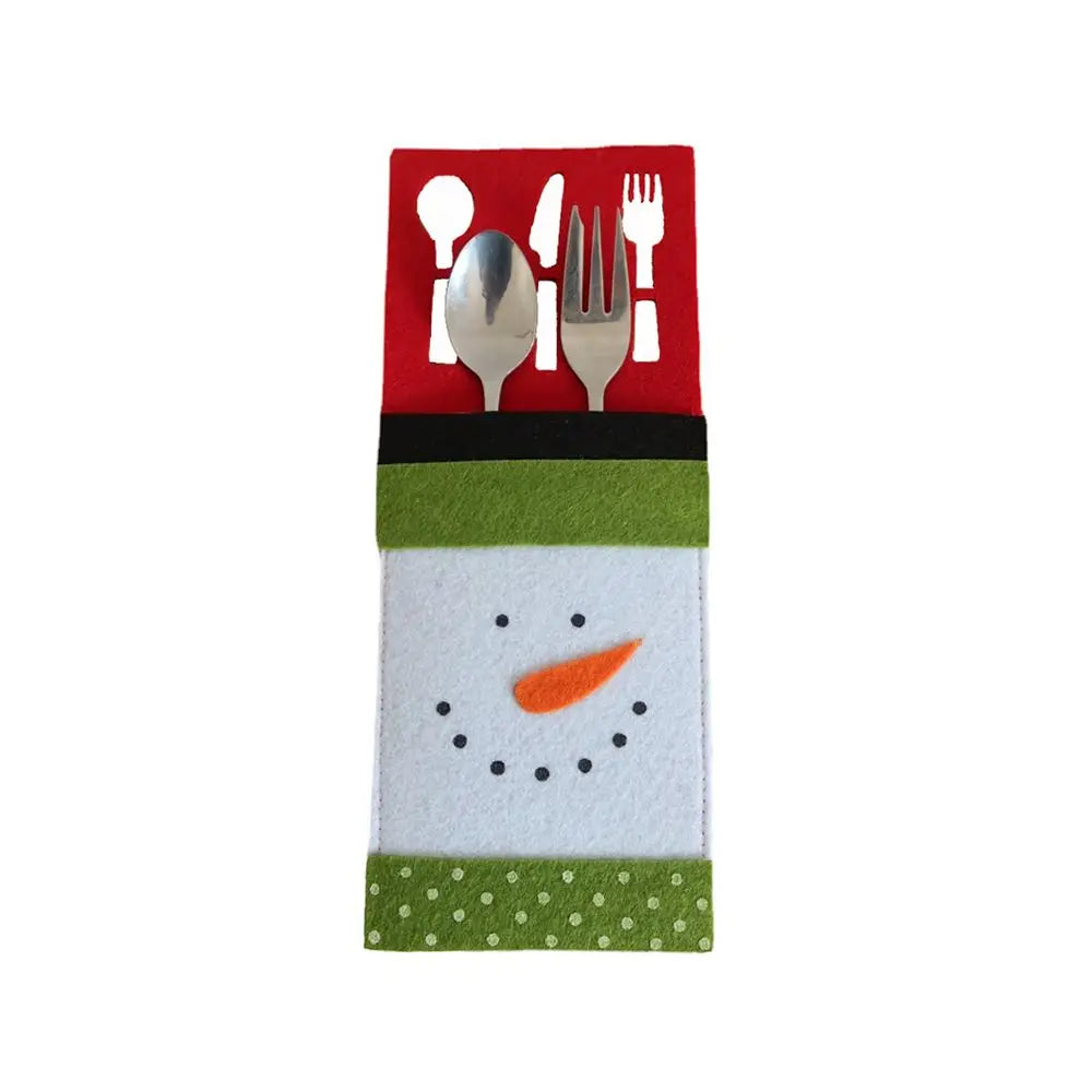 Colorful snowman Christmas cutlery holder made of felt for festive dining table decoration