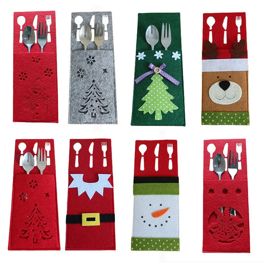 Colorful Christmas cutlery holder set featuring festive designs like Santa, snowman, and reindeer