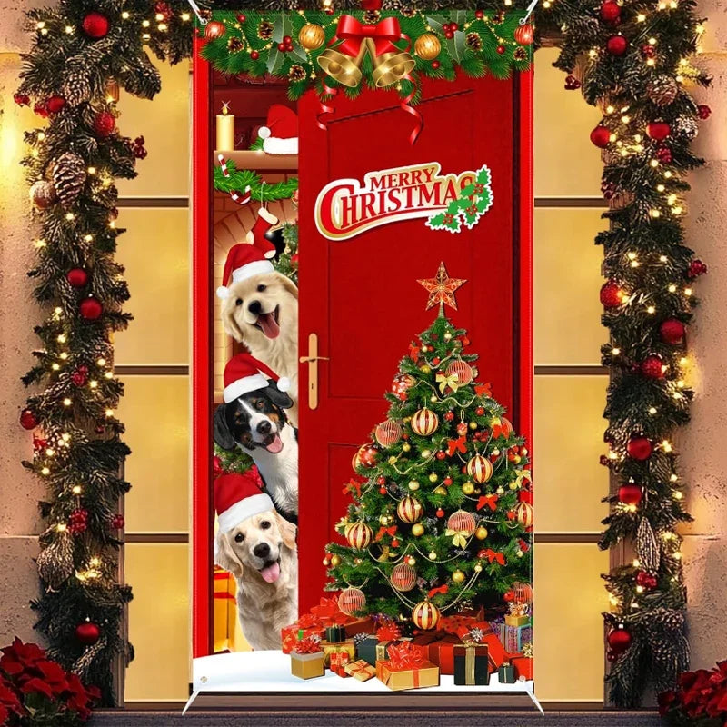 Festive Christmas Door Cover featuring a red door, Christmas tree, and playful dogs with Santa hats