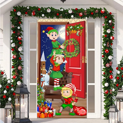 Cheerful Christmas Door Cover featuring elves decorating with wreath and gifts for festive holiday decor