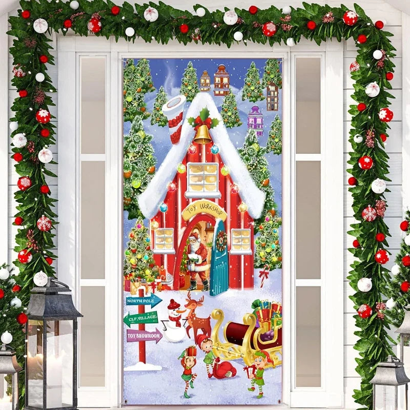 Festive Christmas Door Cover featuring a charming holiday scene with elves and decorations