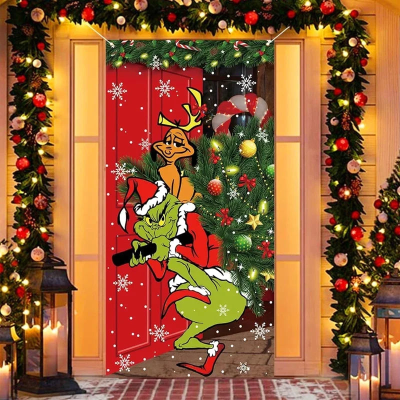 Festive Christmas Door Cover featuring the Grinch and reindeer surrounded by holiday decorations