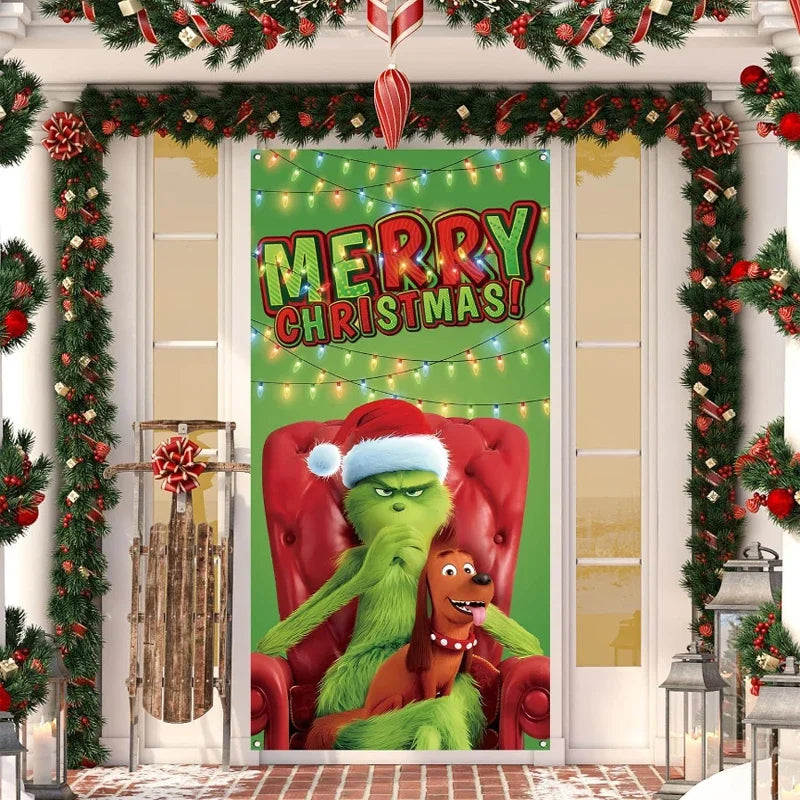 Colorful Christmas Door Cover featuring the Grinch in a Santa hat with festive decorations
