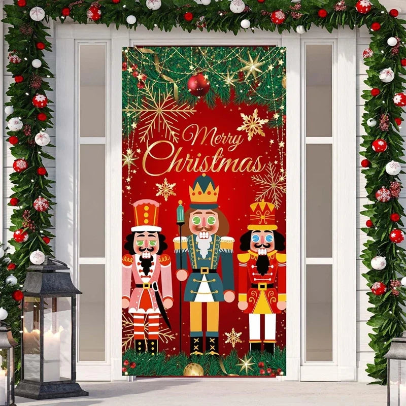 Festive Christmas Door Cover featuring colorful nutcrackers and Merry Christmas text for holiday decor