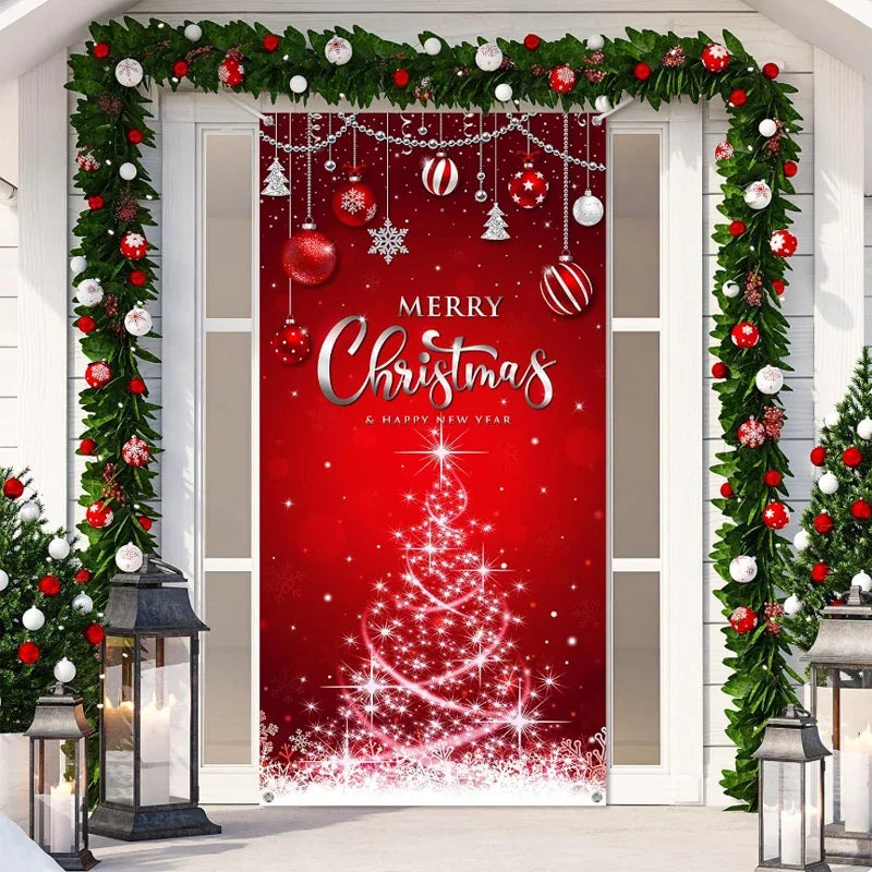 Festive Christmas Door Cover featuring a red background with a Christmas tree and decorations