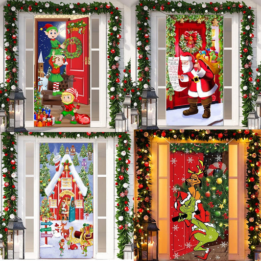 Festive Christmas Door Cover featuring Santa, elves, and holiday decorations for cheerful home decor