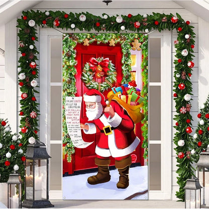 Festive Christmas Door Cover featuring Santa with gifts and a holiday message on a decorated porch