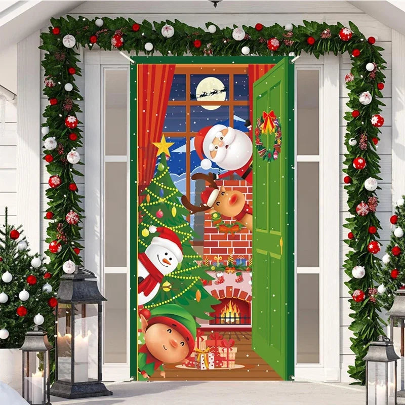 Colorful Christmas Door Cover featuring Santa, a snowman, and festive decorations for holiday cheer