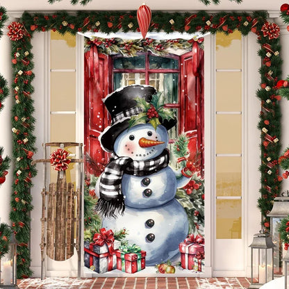 Festive Christmas Door Cover featuring a cheerful snowman with gifts and a holiday wreath