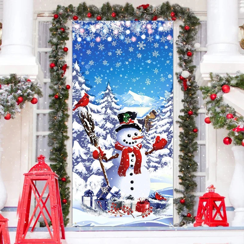Christmas Door Cover featuring a cheerful snowman surrounded by snowy trees and festive decorations
