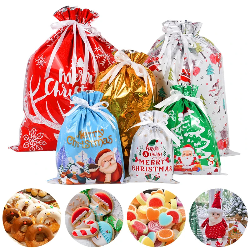 Assorted Christmas drawstring gift bags in festive designs for holiday gifting and celebrations