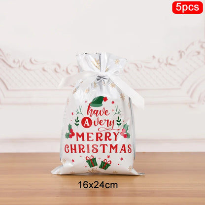 Set of 5 Christmas drawstring gift bags featuring a festive design with holiday greetings