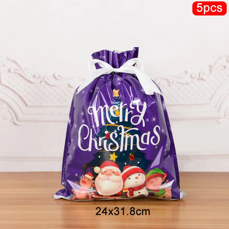 Set of 5 Christmas drawstring gift bags with festive design and dimensions 24x31.8cm for holiday gifting