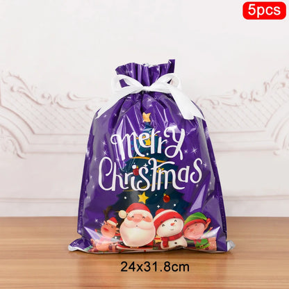 Set of 5 Christmas drawstring gift bags with festive design and dimensions 24x31.8cm for holiday gifting