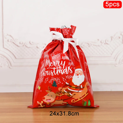Christmas drawstring gift bags featuring Santa and reindeer design, ideal for festive gift wrapping