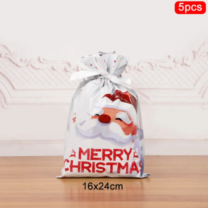 Set of 5 Christmas drawstring gift bags featuring a Santa design and festive decorations