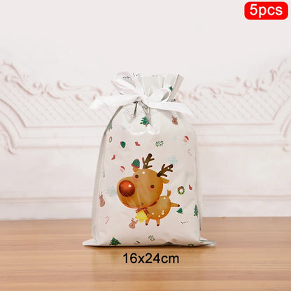Christmas drawstring gift bags featuring a festive reindeer design perfect for holiday gifting