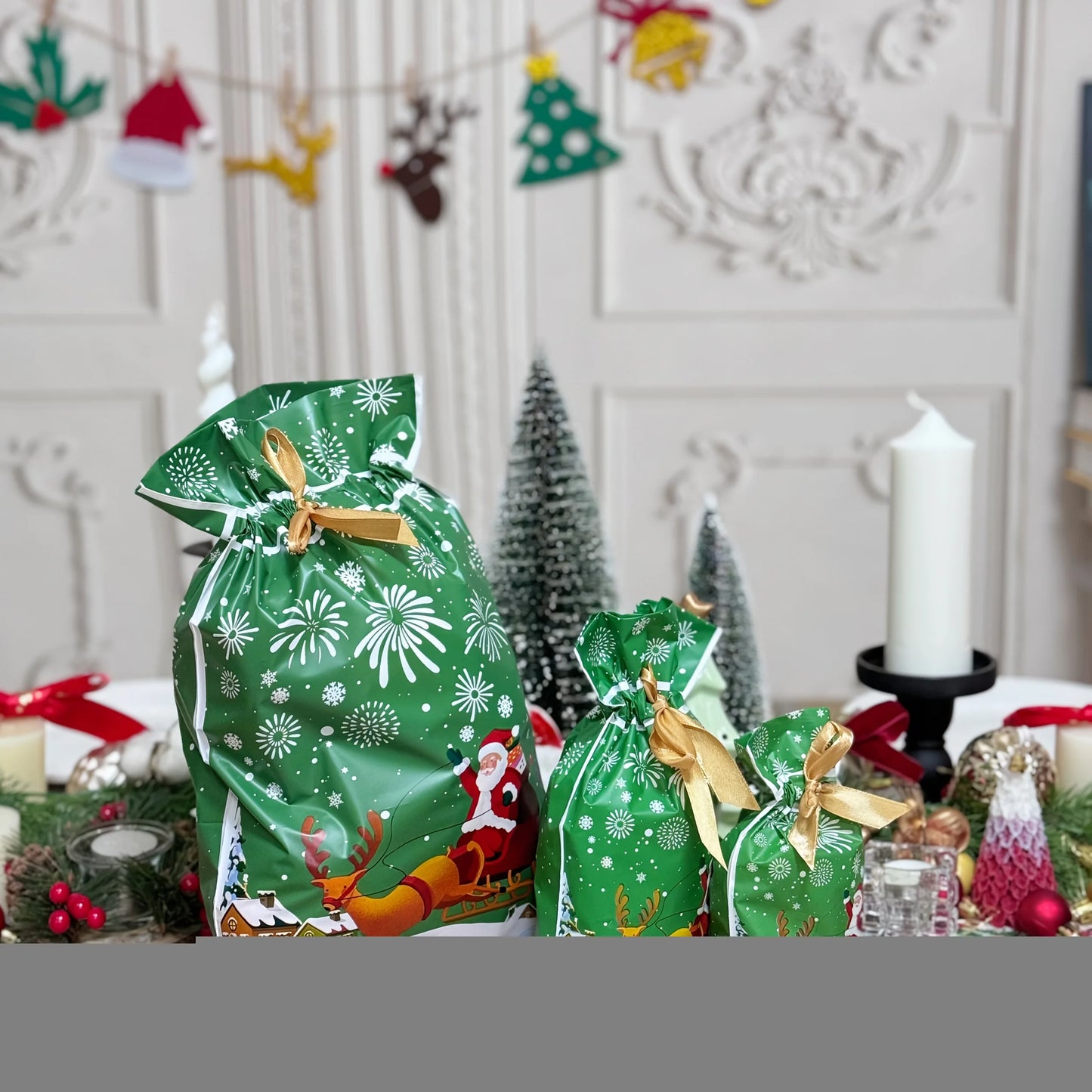 Christmas drawstring gift bags large in festive green with Santa design, perfect for holiday gifting