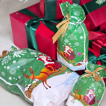 Christmas drawstring gift bags large decorated with Santa and reindeer for festive gifting