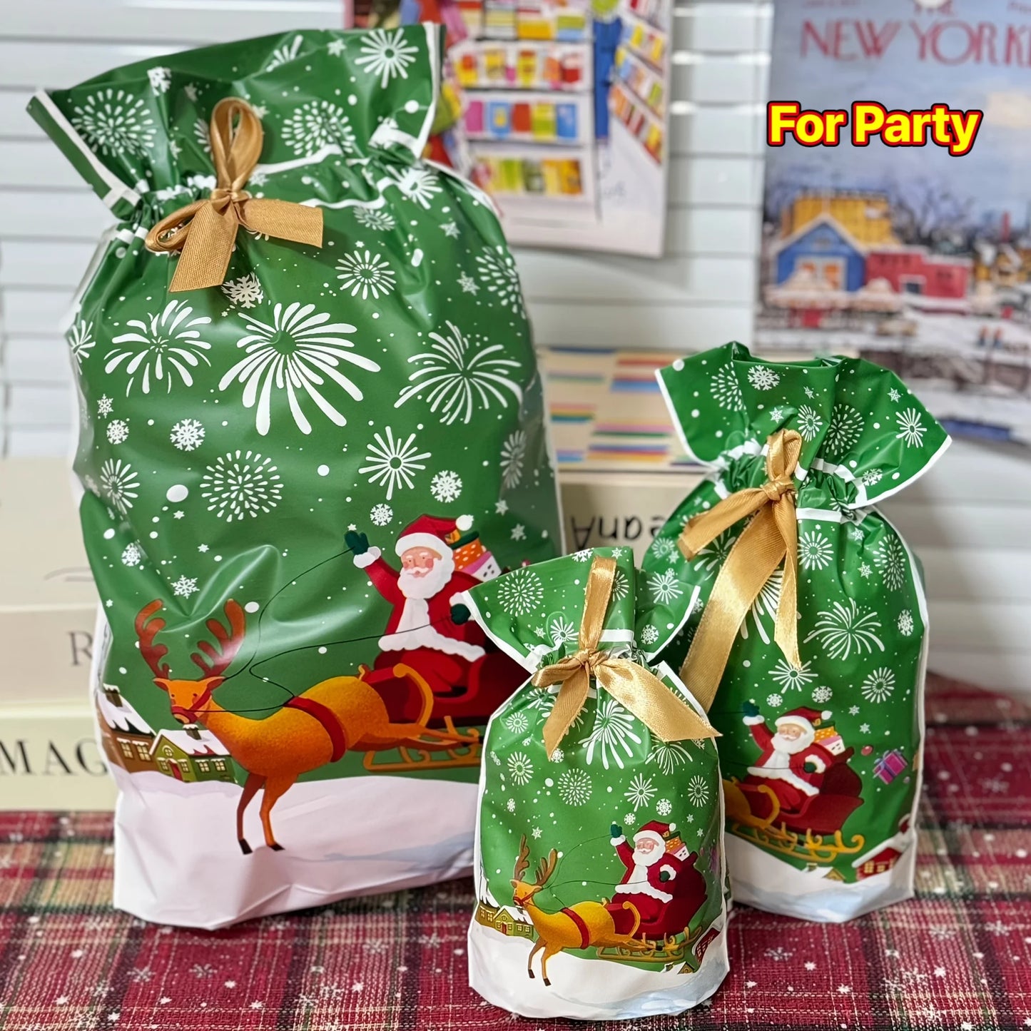 Large Christmas drawstring gift bags large featuring Santa and reindeer, perfect for holiday gifting