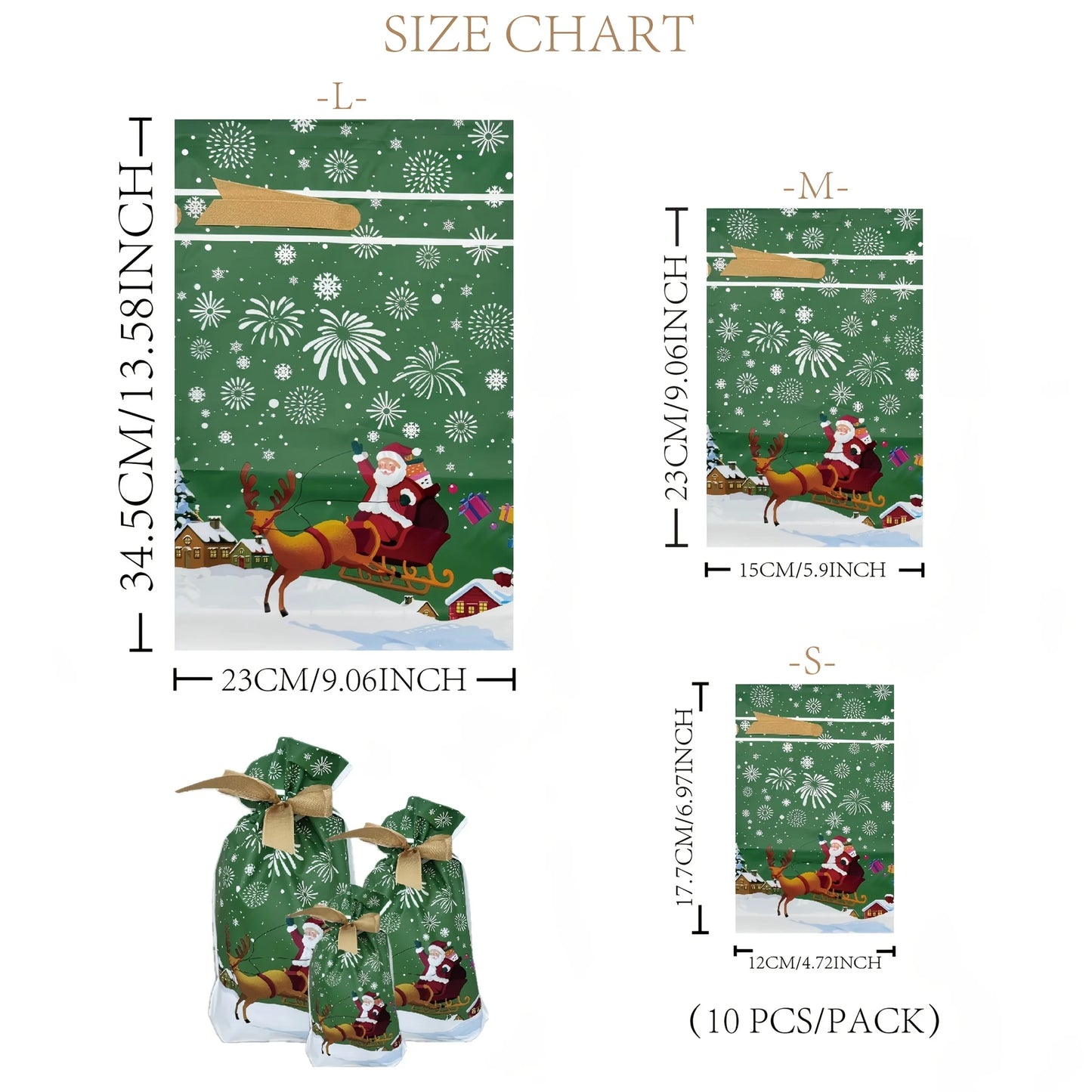 Christmas drawstring gift bags large with Santa and sleigh design, available in multiple sizes