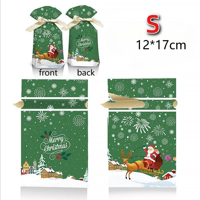 Christmas drawstring gift bags large featuring Santa with festive designs and vibrant colors