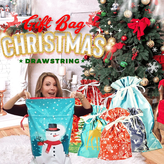 Large Christmas drawstring gift bags in festive designs featuring snowmen and winter scenes