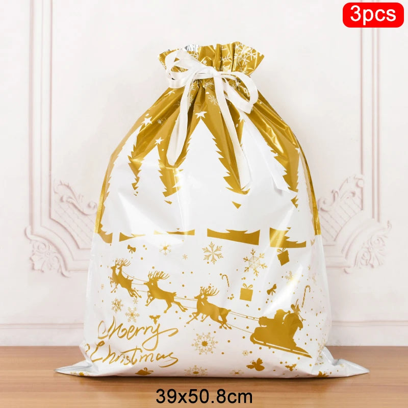 Set of 3 Christmas drawstring gift bags with festive design and large size for holiday presents