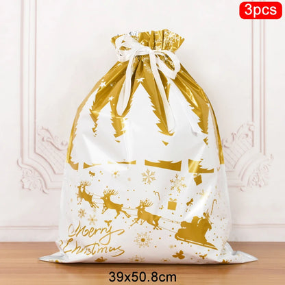Set of 3 Christmas drawstring gift bags with festive design and large size for holiday presents
