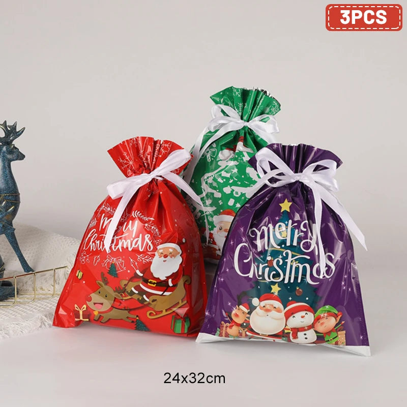 Set of 3 Christmas drawstring gift bags in festive colors and designs perfect for holiday gifting