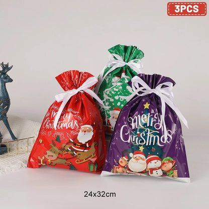 Set of 3 Christmas drawstring gift bags in festive colors and designs perfect for holiday gifting