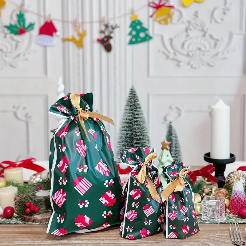 Christmas Drawstring Gift Bags with Ribbon in festive design for holiday gifting and decoration