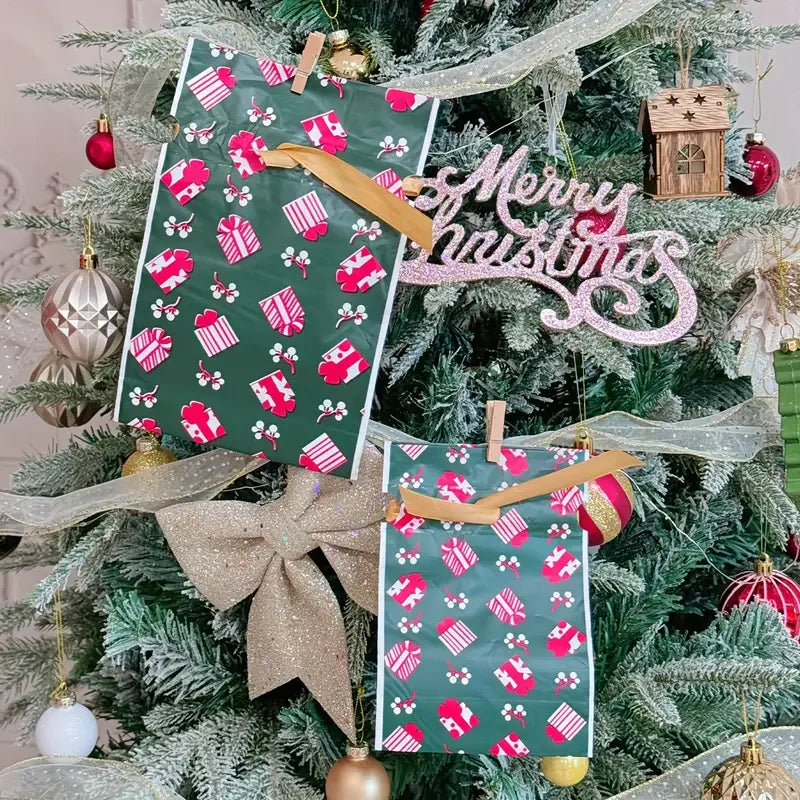 Christmas Drawstring Gift Bags with Ribbon featuring festive designs on a decorated tree