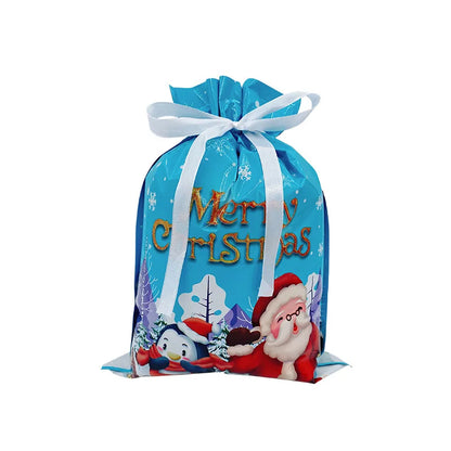 Colorful Christmas Drawstrings Gift Bags featuring Santa Claus and Snowman design for festive gifting