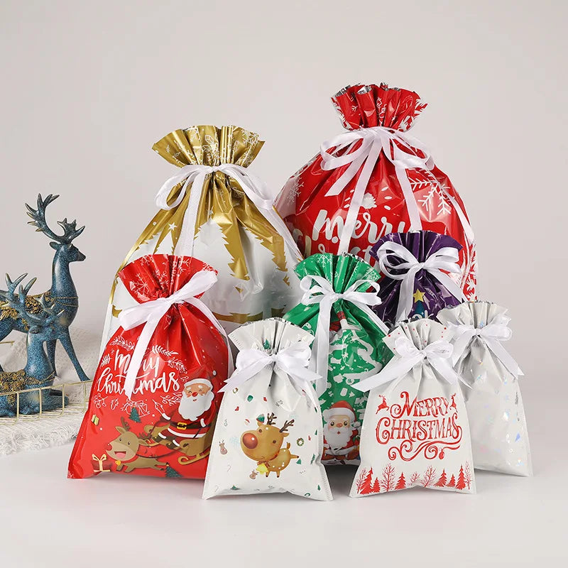 Set of colorful Christmas Drawstrings Gift Bags featuring festive designs for holiday gifting and decorations